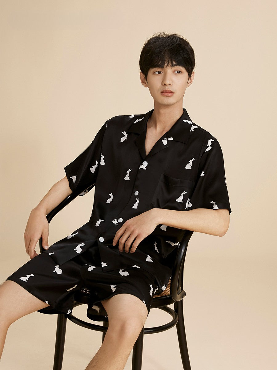 Men's Silk Pajama Set, Men's Silk Short-sleeve and Shorts Pajama Set, 100% Mulberry Silk, MOMOTAR