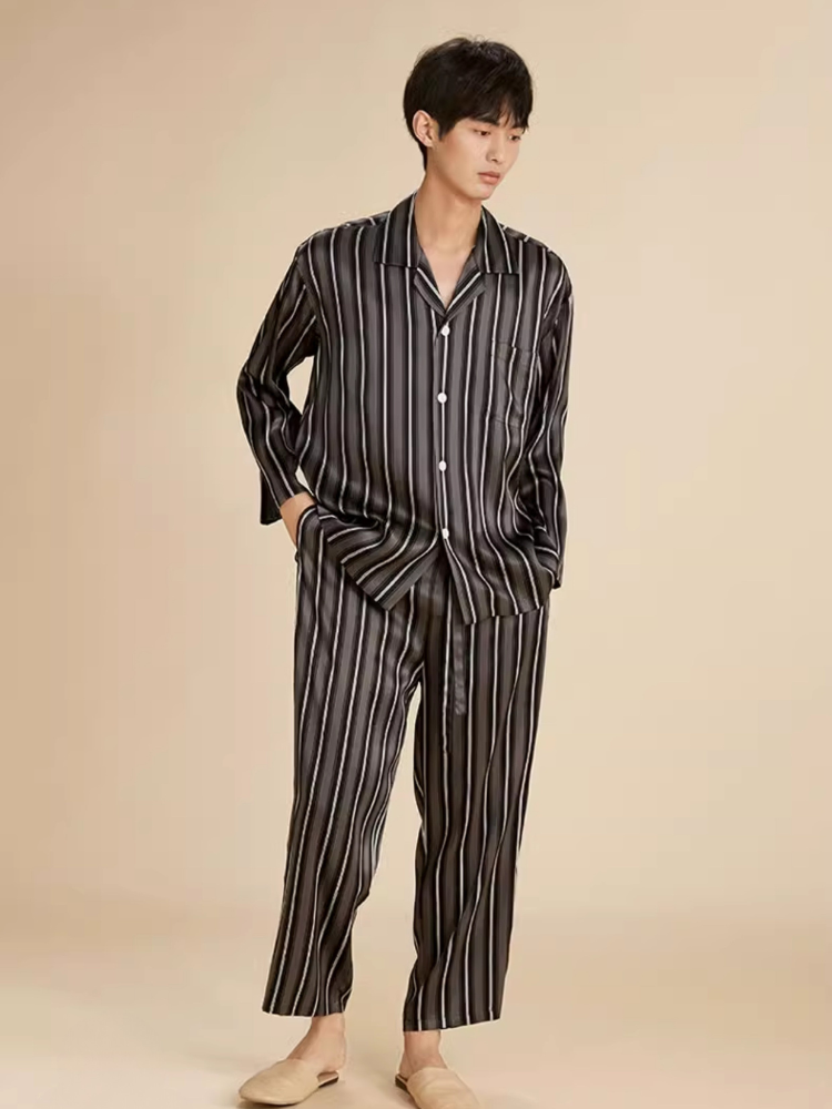 Stripe Silk Long Sleeve Men Pajama Set